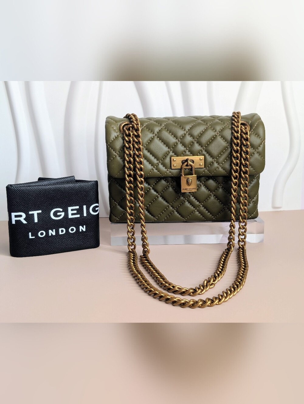 NWT Kurt Geiger London Brixton Olive Green Quilted Leather Chain Crossbody Bag